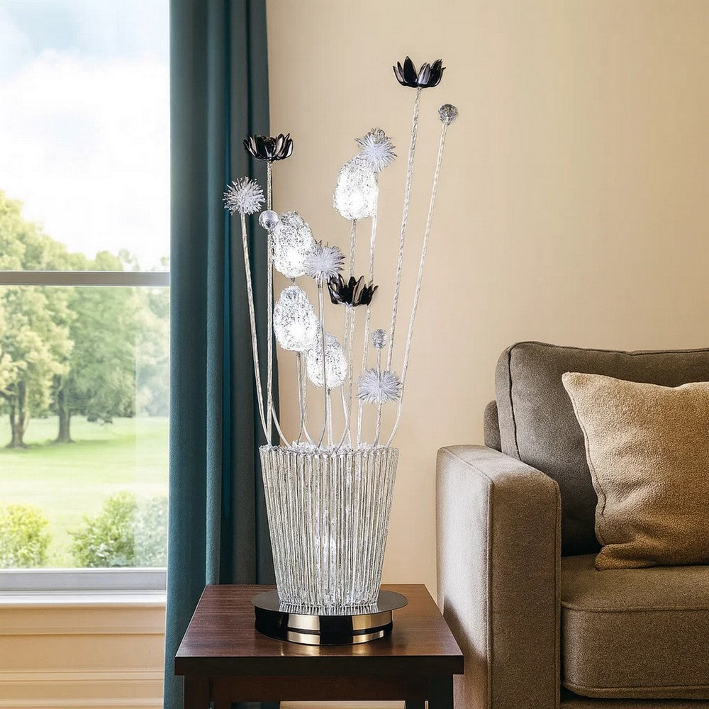 26 Inch Accent Table Lamp, Flower Vase Design, Metal, Chrome Finish - BM309675