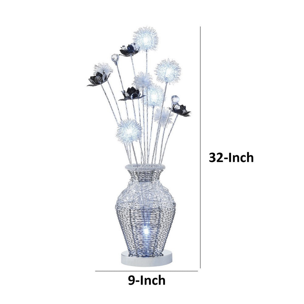 32 Inch Accent Table Lamp, Metal Flowers with Vase Design, Chrome Finish - BM309676