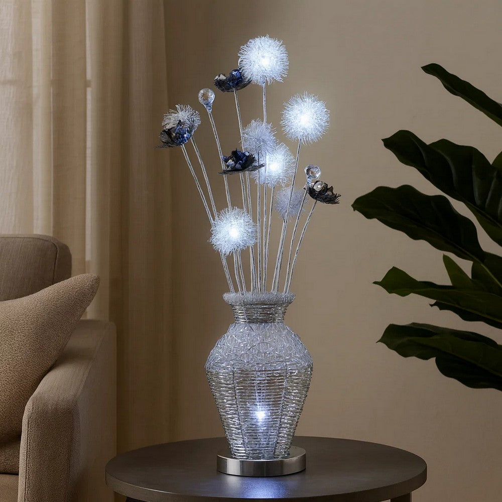 32 Inch Accent Table Lamp, Metal Flowers with Vase Design, Chrome Finish - BM309676