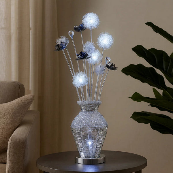 32 Inch Accent Table Lamp, Metal Flowers with Vase Design, Chrome Finish - BM309676