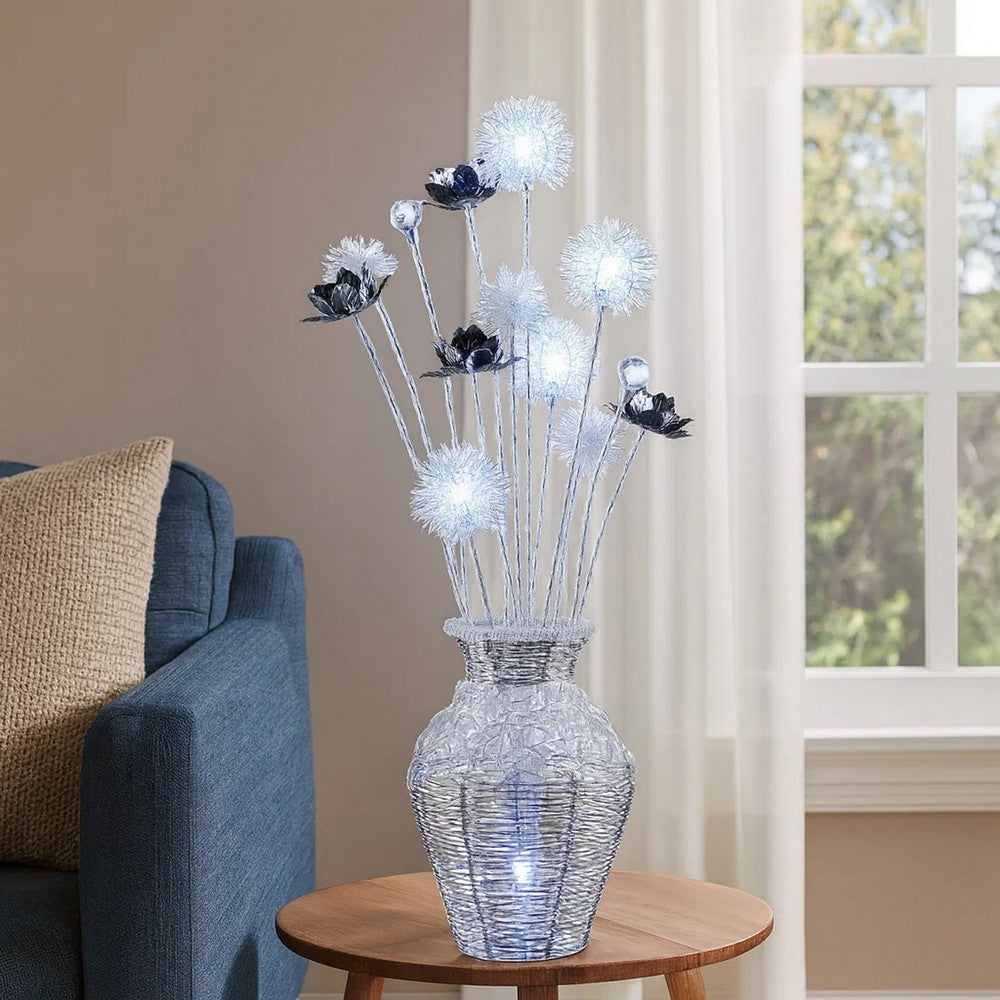 32 Inch Accent Table Lamp, Metal Flowers with Vase Design, Chrome Finish - BM309676