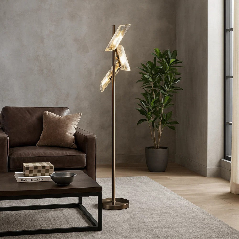 Spark 62 Inch Floor Lamp, 3 Cylindrical Glass Shades, Antique Brass, Gold - BM309683