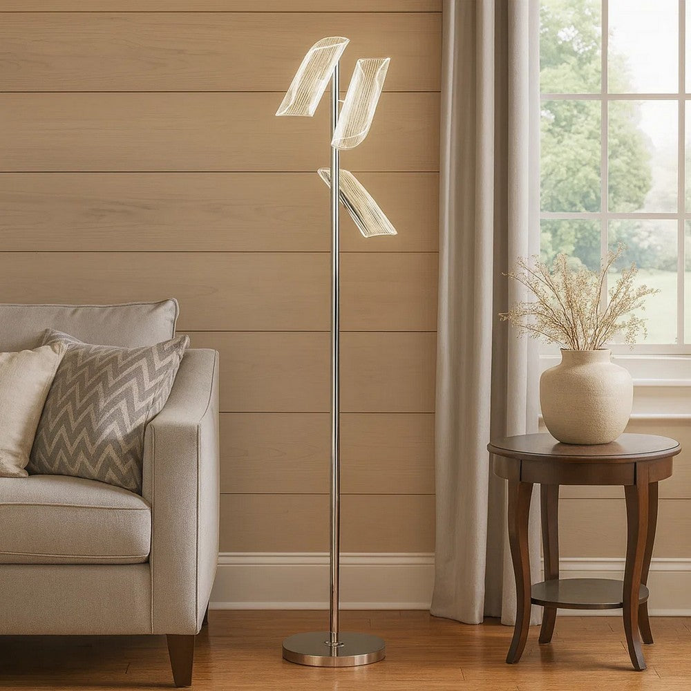 Spark 62 Inch Floor Lamp, 3 Cylindrical Glass Shades, Bright Nickel, Silver - BM309684