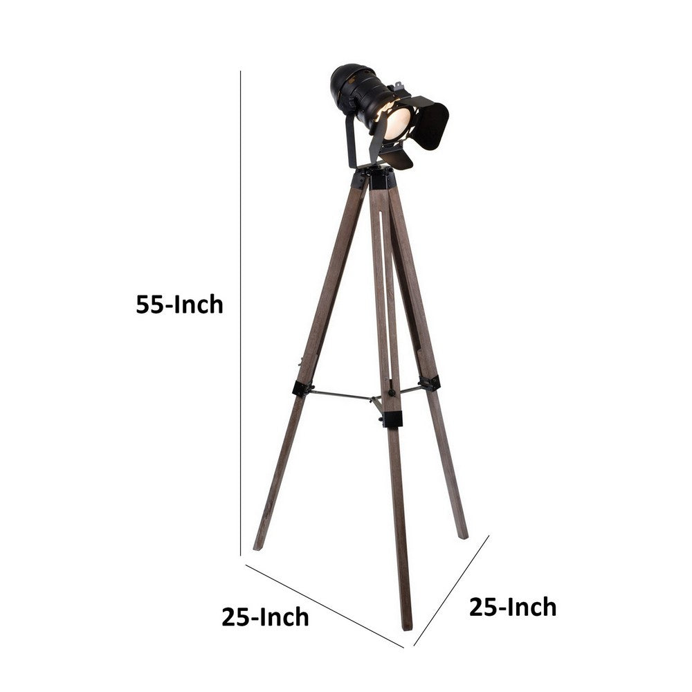 55 Inch Floor Lamp with Tripod Style Wood Frame, Spotlight, Brown and Black - BM309688