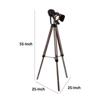55 Inch Floor Lamp with Tripod Style Wood Frame, Spotlight, Brown and Black - BM309688