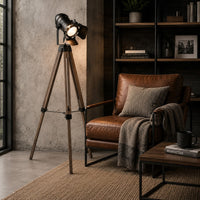 55 Inch Floor Lamp with Tripod Style Wood Frame, Spotlight, Brown and Black - BM309688
