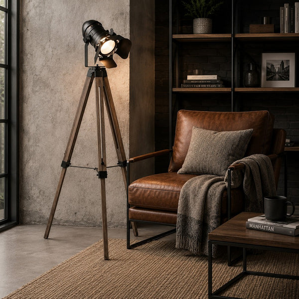 55 Inch Floor Lamp with Tripod Style Wood Frame, Spotlight, Brown and Black - BM309688