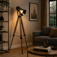 55 Inch Floor Lamp with Tripod Style Wood Frame, Spotlight, Brown and Black - BM309688