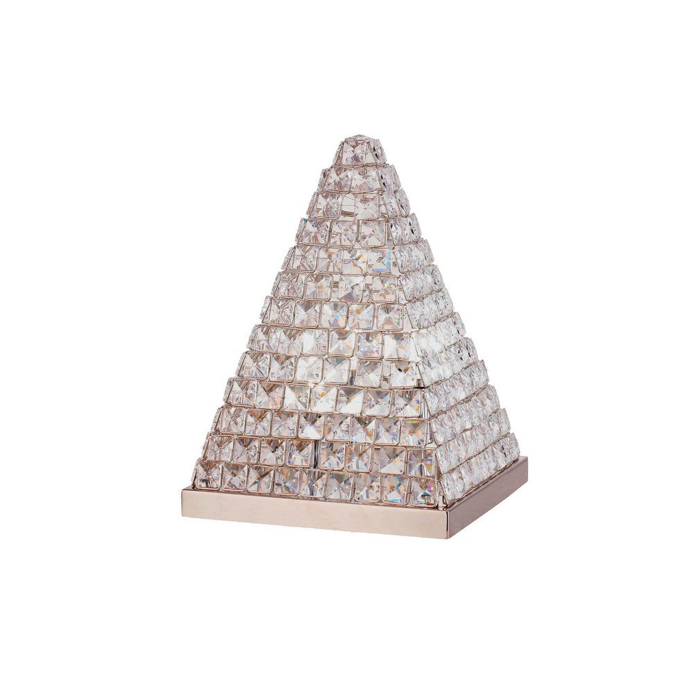 14 Inch Table Lamp, Crystal Pyramid Shaped Frame, Stone Studded, Silver - BM309689