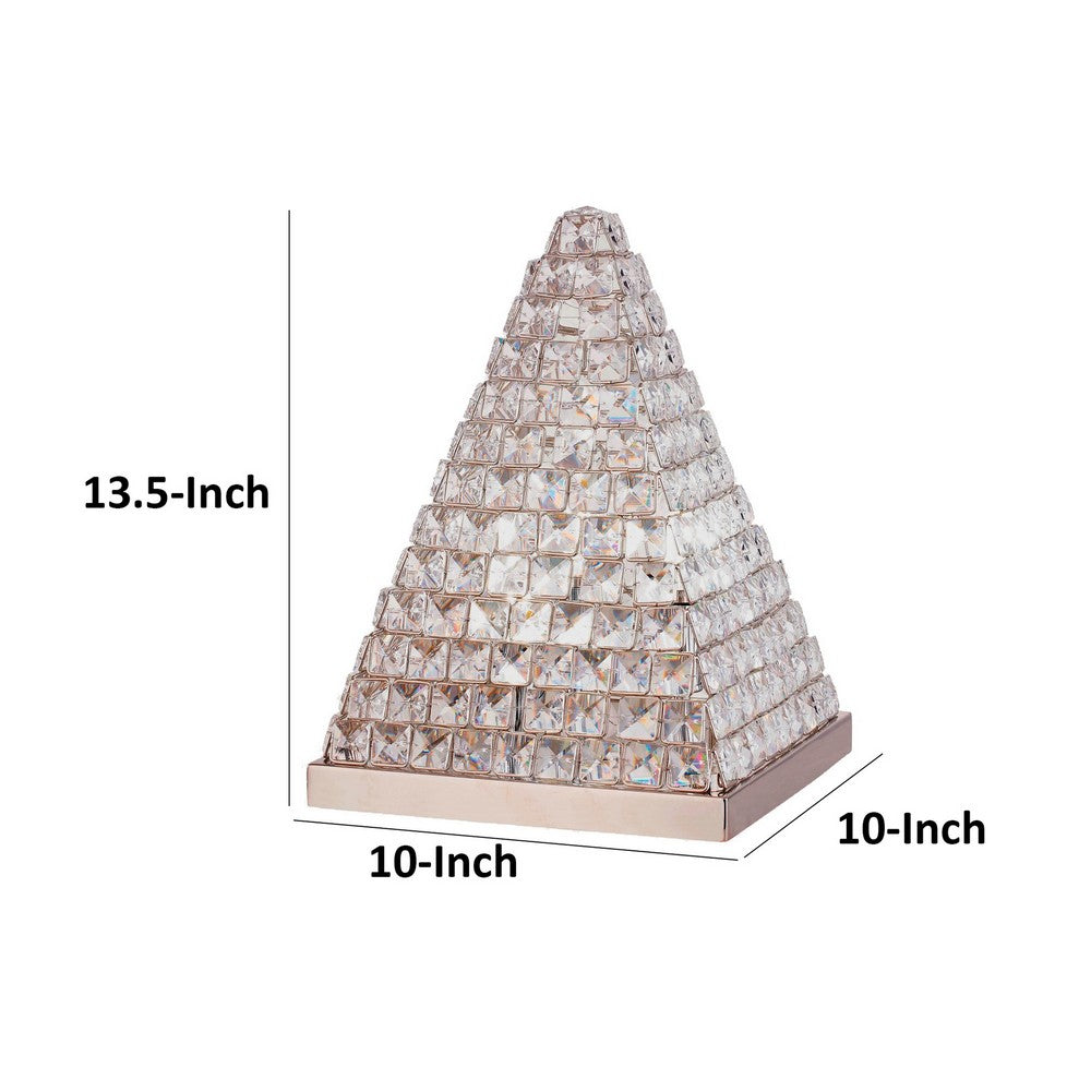 14 Inch Table Lamp, Crystal Pyramid Shaped Frame, Stone Studded, Silver - BM309689