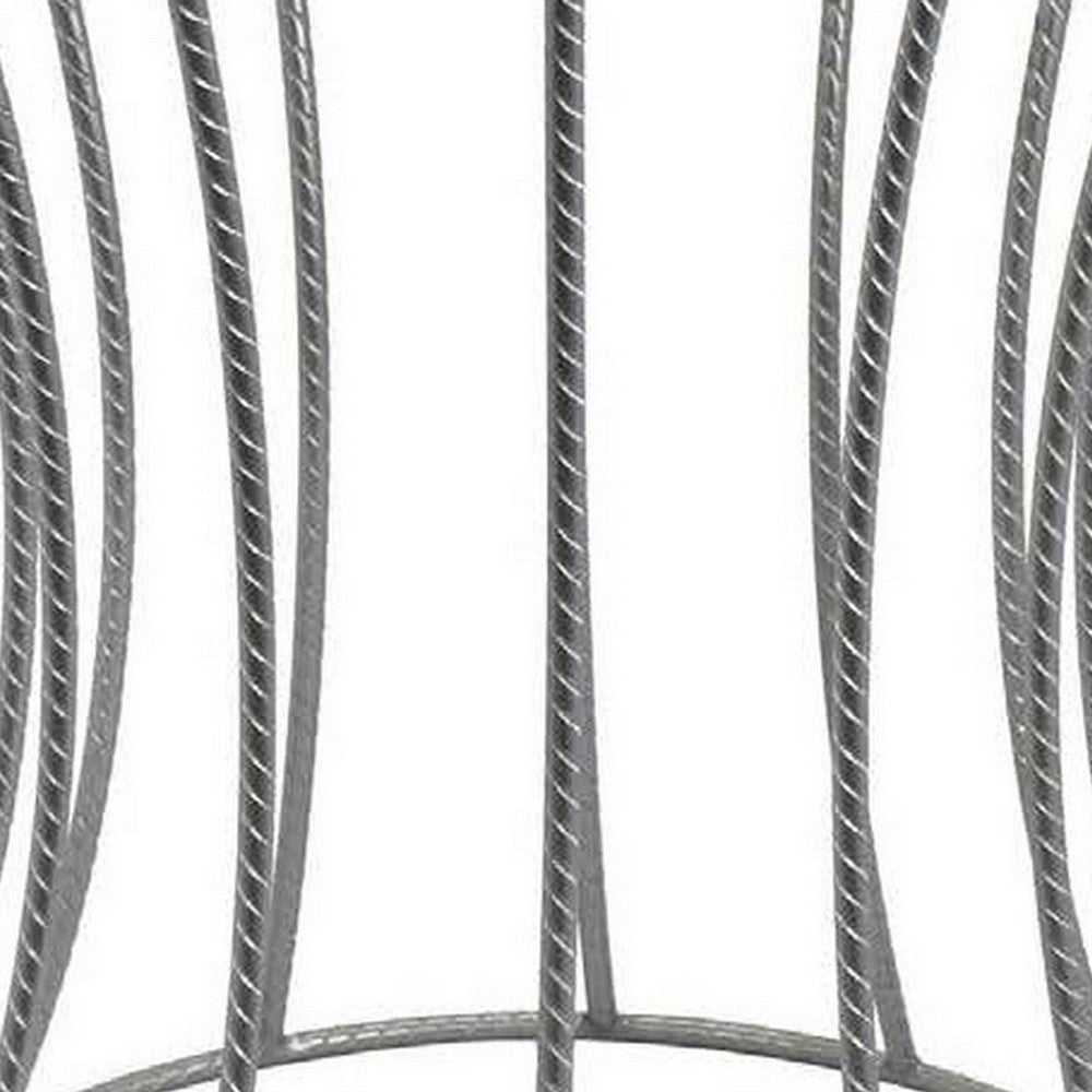 Ema 21 Inch Plant Stand, Round Top, Slatted Geometric Frame, Silver Finish - BM309692