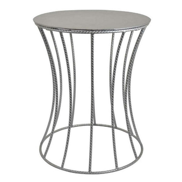 Ema 21 Inch Plant Stand, Round Top, Slatted Geometric Frame, Silver Finish - BM309692