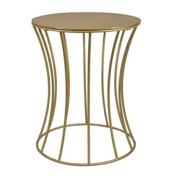 Ema 21 Inch Plant Stand, Round Top, Slatted Geometric Frame, Gold Finish - BM309693