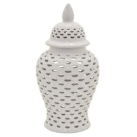 Deni 19 Inch Ginger Jar, Large Carved Cutout Lattice Design with Lid, White - BM309700