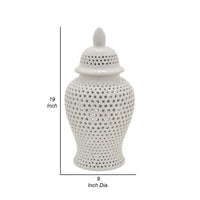 Deni 19 Inch Ginger Jar, Small Carved Cutout Lattice, Removable Lid, White - BM309702