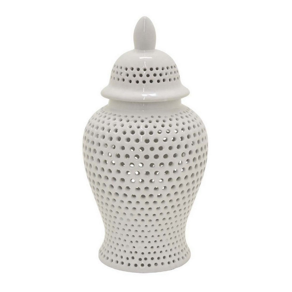 Deni 19 Inch Ginger Jar, Small Carved Cutout Lattice, Removable Lid, White - BM309702