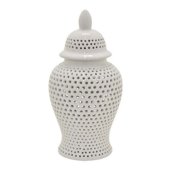 Deni 19 Inch Ginger Jar, Small Carved Cutout Lattice, Removable Lid, White - BM309702