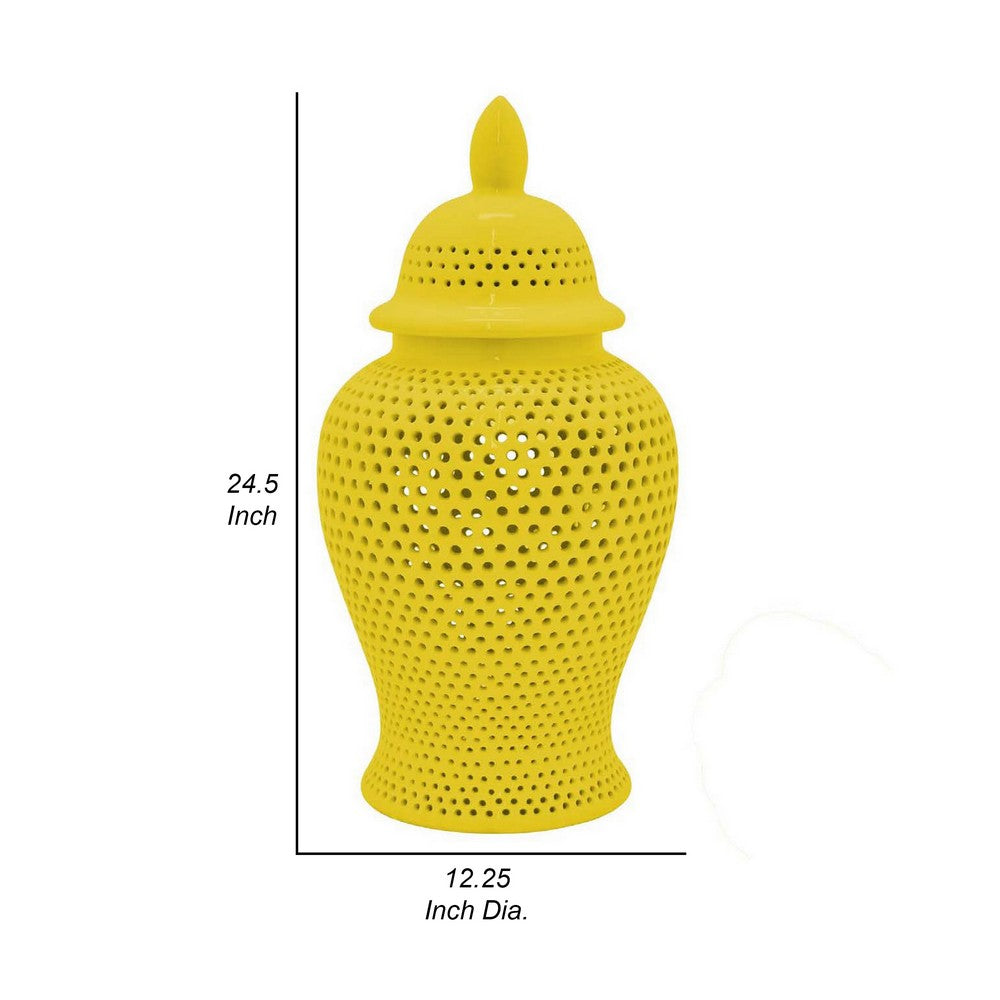 Deni 25 Inch Ginger Jar, Carved Cutout Lattice, Removable Lid, Yellow - BM309705