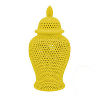 Deni 25 Inch Ginger Jar, Carved Cutout Lattice, Removable Lid, Yellow - BM309705