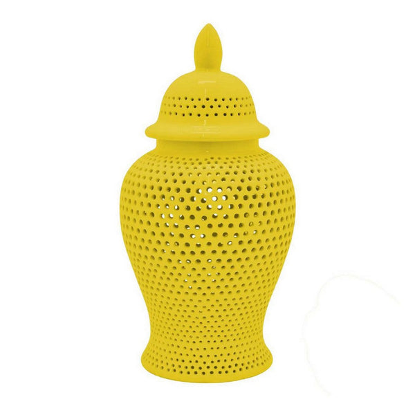 Deni 25 Inch Ginger Jar, Carved Cutout Lattice, Removable Lid, Yellow - BM309705