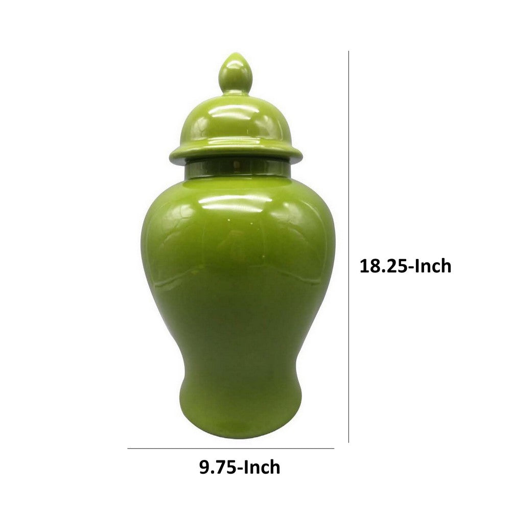 Teli 18 Inch Decorative Temple Ginger Jar, Smooth Ceramic, Glossy Green - BM309725