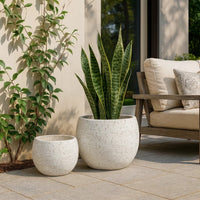 Line 10 Inch Planter Set of 2, Round Shaped Resin Body, Textured White - BM309740