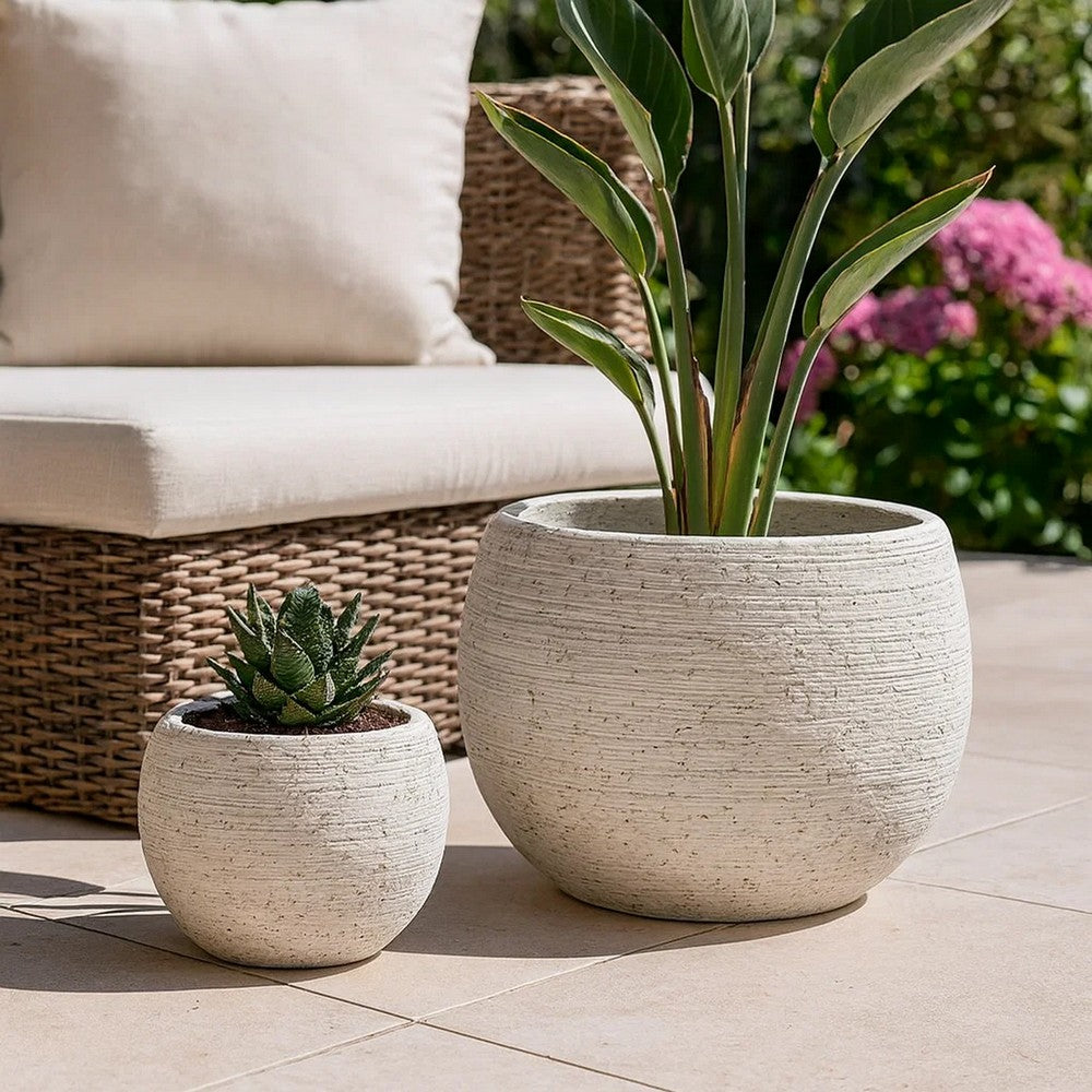 Line 10 Inch Planter Set of 2, Round Shaped Resin Body, Textured White - BM309740