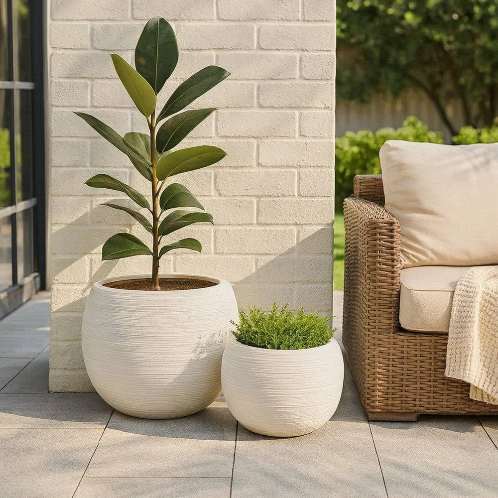 Line 10 Inch Planter Set of 2, Round Resin Body, Carved White Finish - BM309741