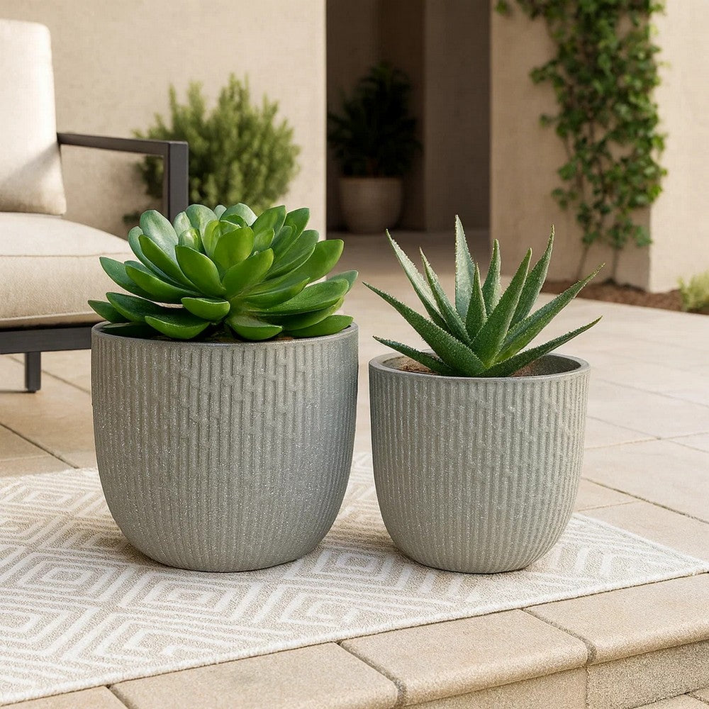 14 Inch Planter Set of 2, Drum Shape, Engraved Design, Textured Green - BM309745