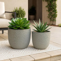 14 Inch Planter Set of 2, Drum Shape, Engraved Design, Textured Green - BM309745