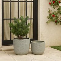 14 Inch Planter Set of 2, Drum Shape, Engraved Design, Textured Green - BM309745