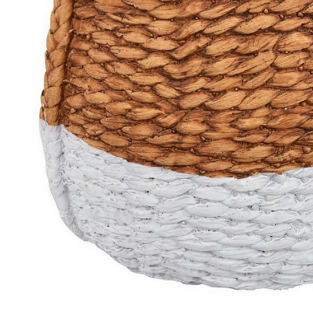 Reno 15 Inch Planter, Rope Woven Design, White and Brown Finished Resin - BM309749