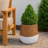 Reno 15 Inch Planter, Rope Woven Design, White and Brown Finished Resin - BM309749