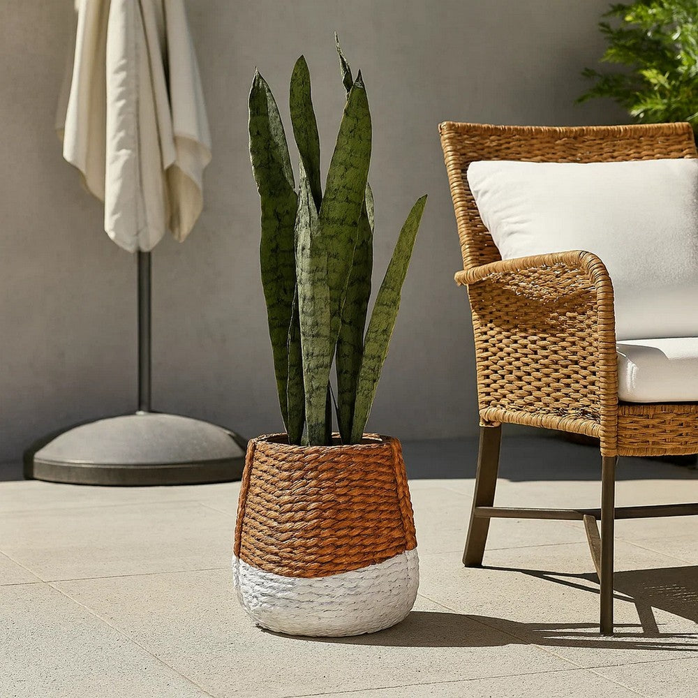 white woven planter Benjara Reno 15 Inch Planter, Rope Woven Design, White and Brown Finished Resin