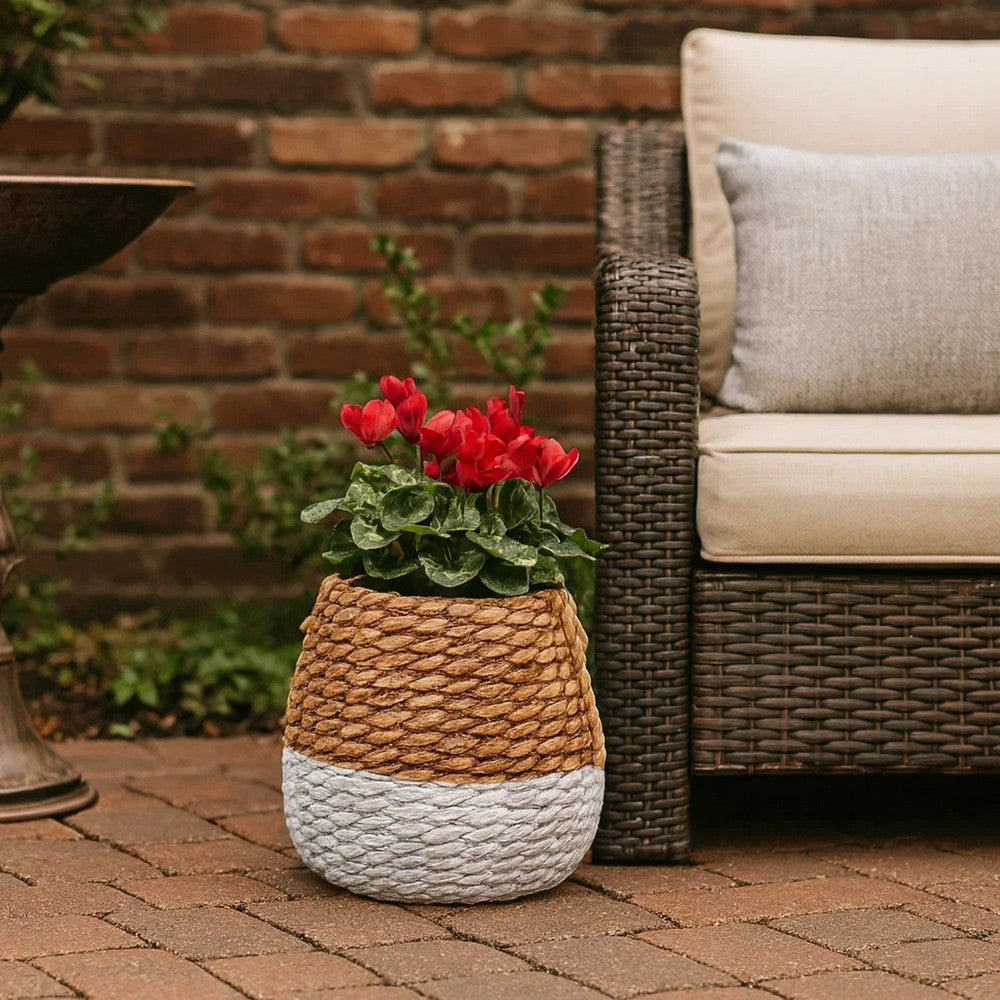 Reno 12 Inch Planter, Rope Woven Design, White and Brown Finished Resin - BM309750