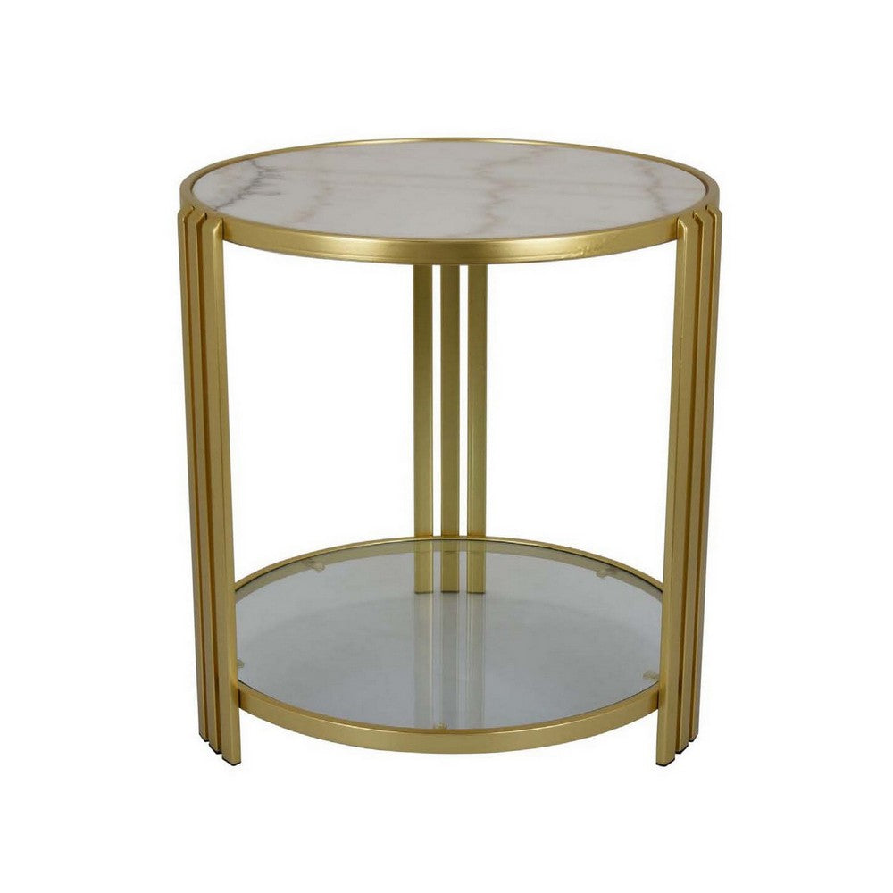 Lee 20 Inch Plant Stand, Round White Marble Top, Open Metal Frame, Gold - BM309756