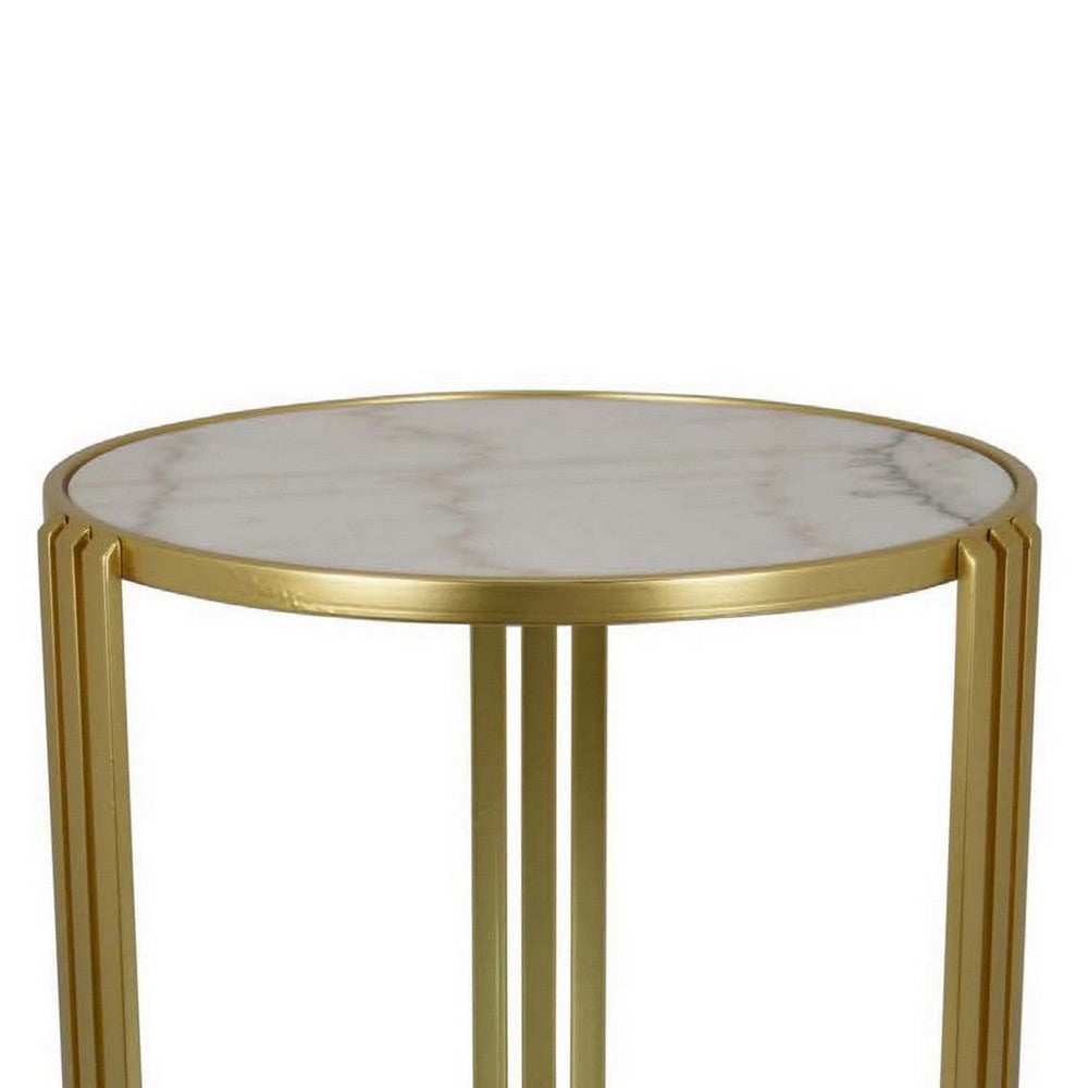 Lee 20 Inch Plant Stand, Round White Marble Top, Open Metal Frame, Gold - BM309756