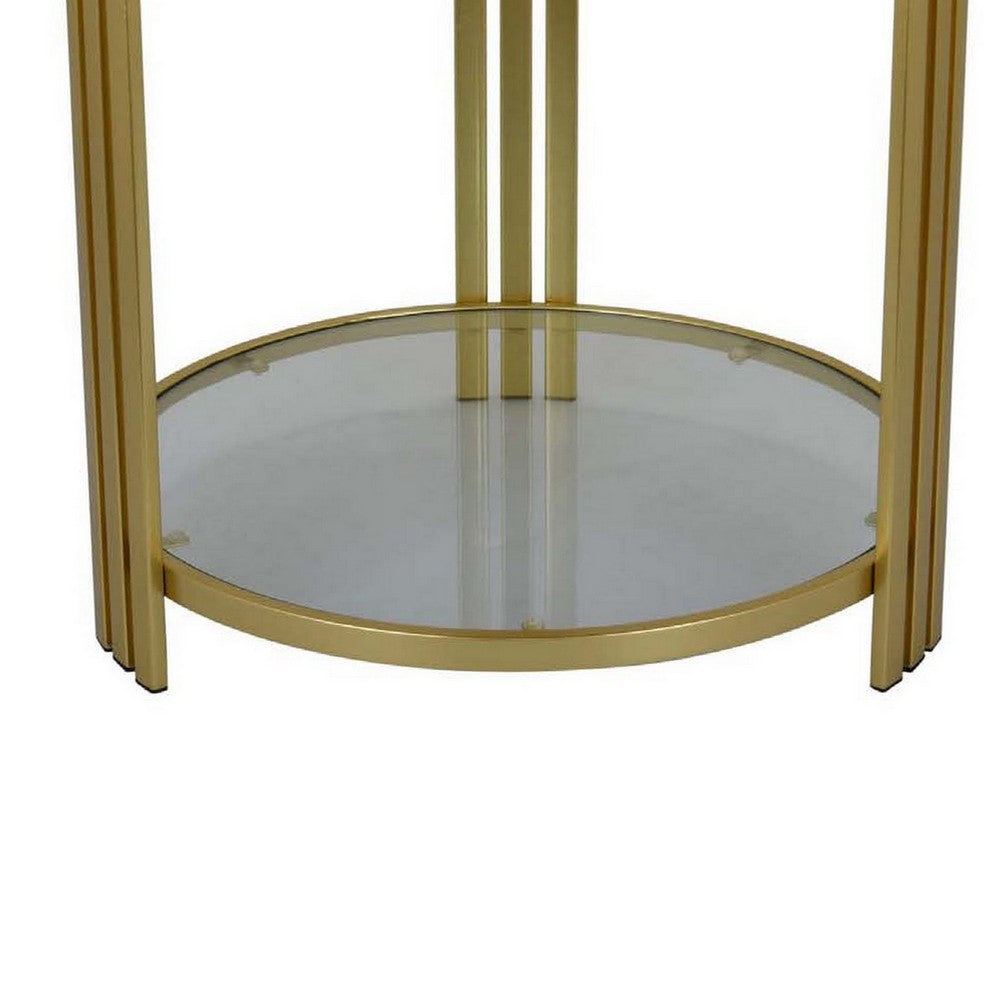 Lee 20 Inch Plant Stand, Round White Marble Top, Open Metal Frame, Gold - BM309756