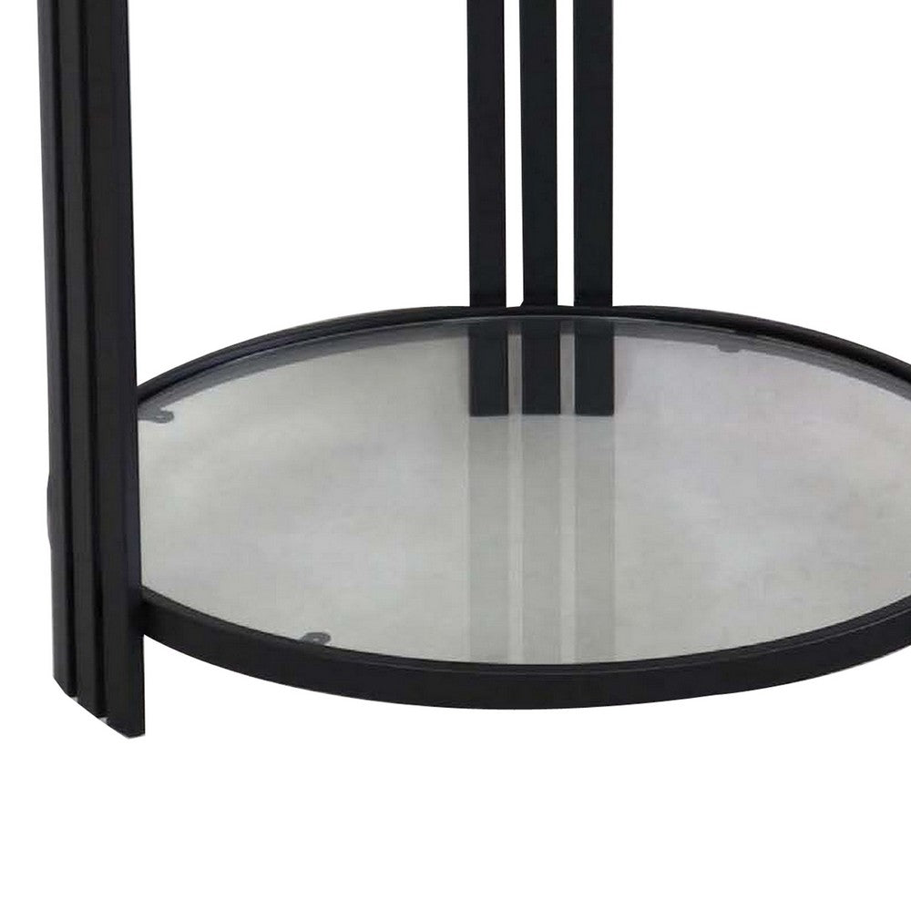 Lee 20 Inch Plant Stand, Round White Marble Top, Open Metal Frame, Black - BM309761