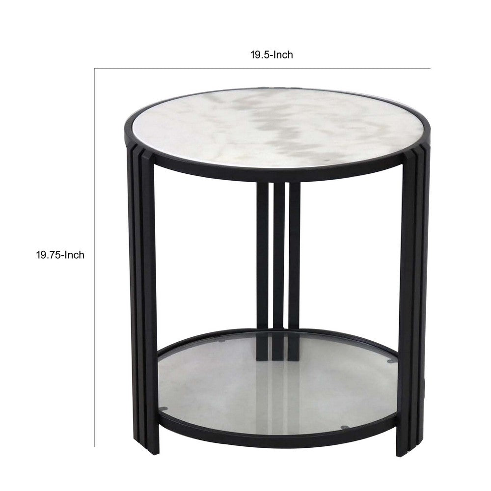 Lee 20 Inch Plant Stand, Round White Marble Top, Open Metal Frame, Black - BM309761