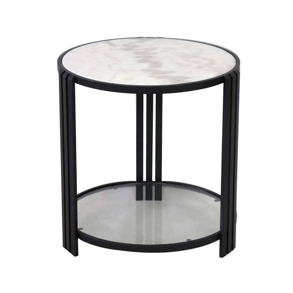 Lee 20 Inch Plant Stand, Round White Marble Top, Open Metal Frame, Black - BM309761