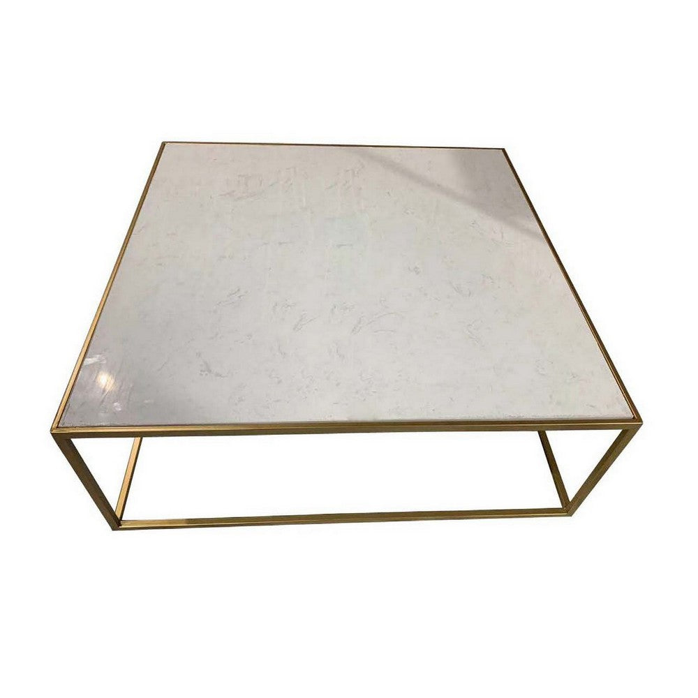 Riyan 39 Inch Plant Stand Table, Square Open Gold Metal Frame, White Top - BM309778