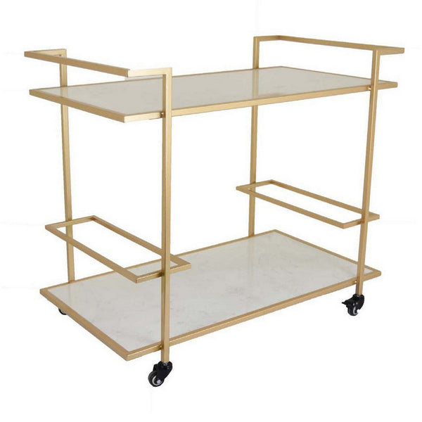 Nia 36 Inch Plant Stand, 2 Glass Shelves, Rolling Wheels, Gold Finish - BM309792
