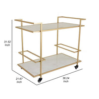 Nia 36 Inch Plant Stand, 2 Glass Shelves, Rolling Wheels, Gold Finish - BM309792