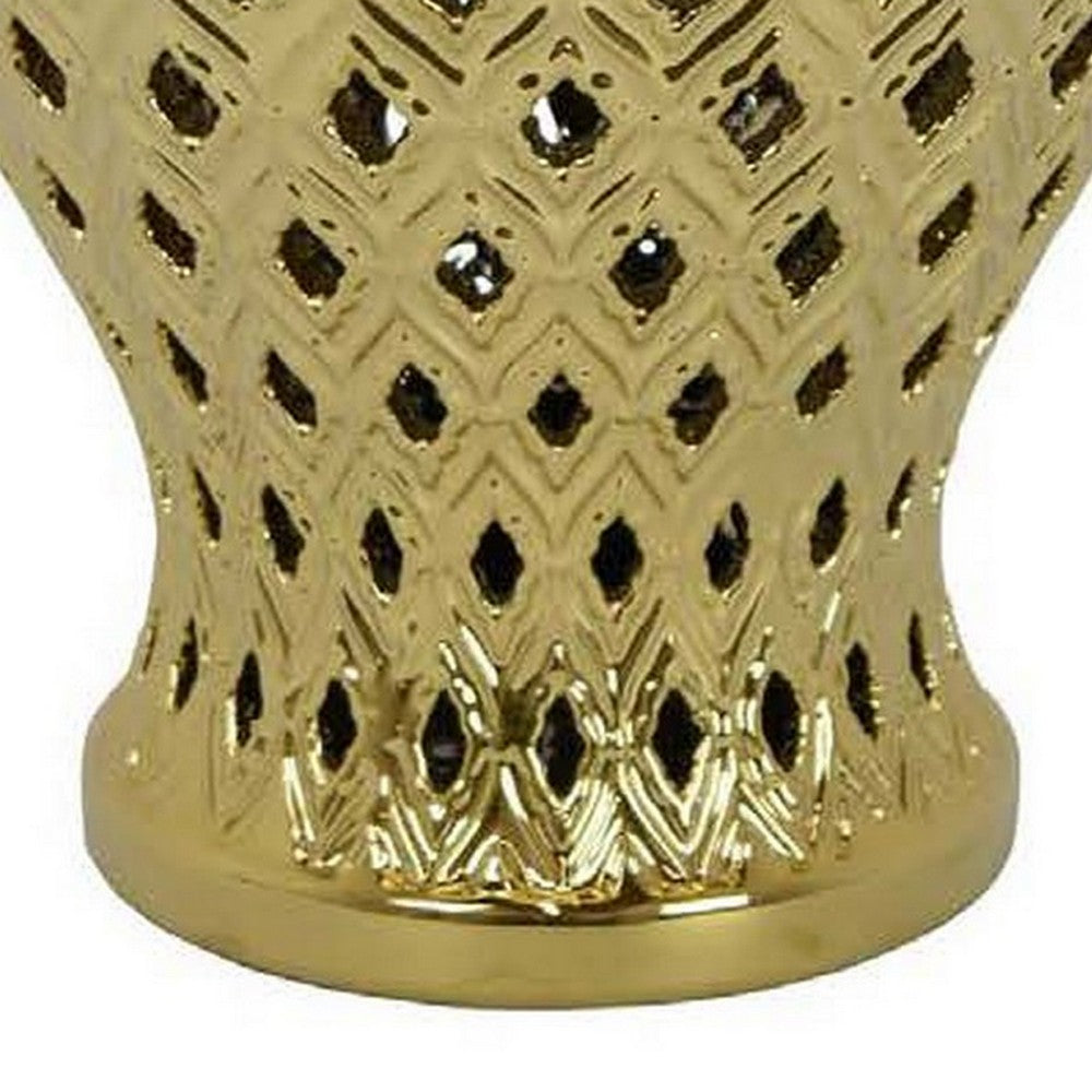 Deni 18 Inch Temple Jar, Pierced, Carved Lattice Design, Lid, Gold - BM309796