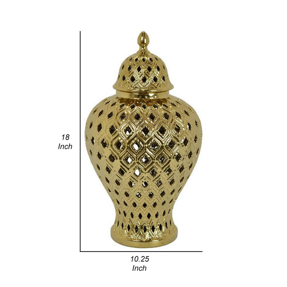 Deni 18 Inch Temple Jar, Pierced, Carved Lattice Design, Lid, Gold - BM309796