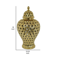 Deni 18 Inch Temple Jar, Pierced, Carved Lattice Design, Lid, Gold - BM309796