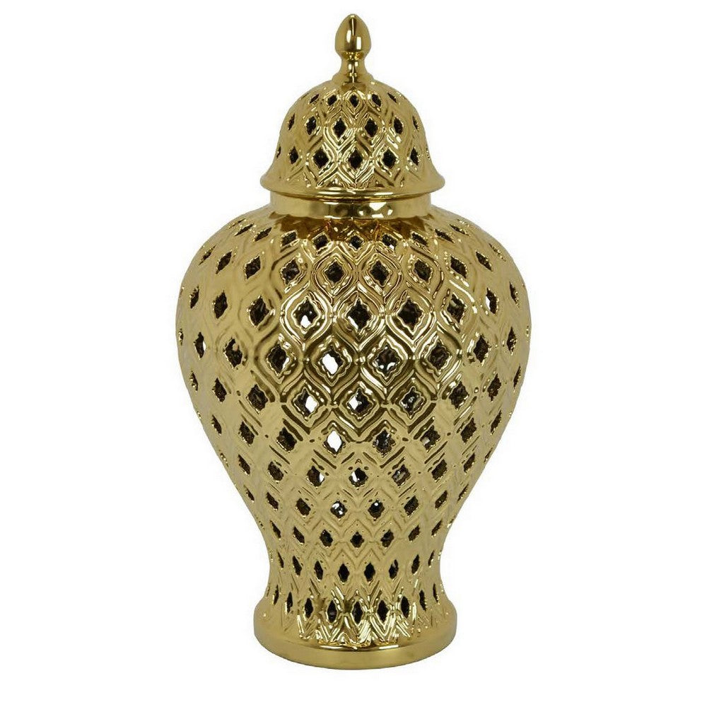 Deni 18 Inch Temple Jar, Pierced, Carved Lattice Design, Lid, Gold - BM309796