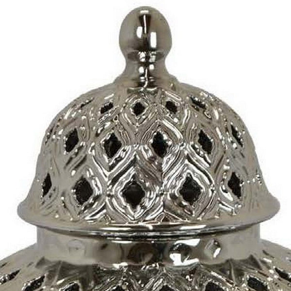 Deni 18 Inch Temple Jar, Pierced, Carved Lattice Design, Lid, Silver - BM309797