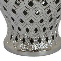 Deni 18 Inch Temple Jar, Pierced, Carved Lattice Design, Lid, Silver - BM309797